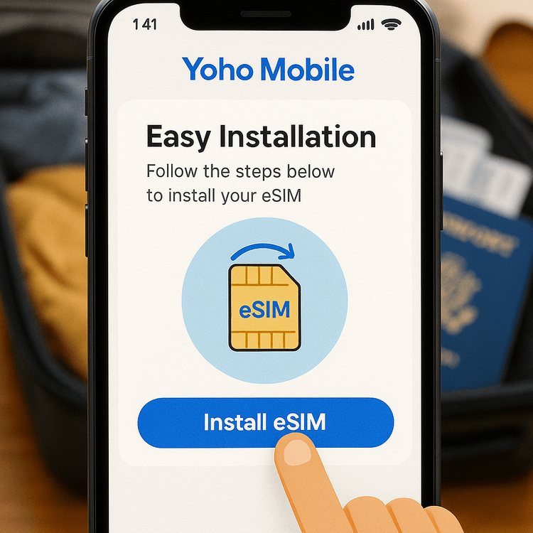 A visual guide showing the simple one-tap eSIM installation process on the Yoho Mobile app before traveling.