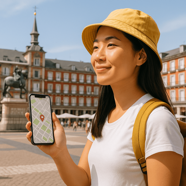 A traveler uses their phone with a Yoho Mobile eSIM to navigate Plaza Mayor in Madrid.
