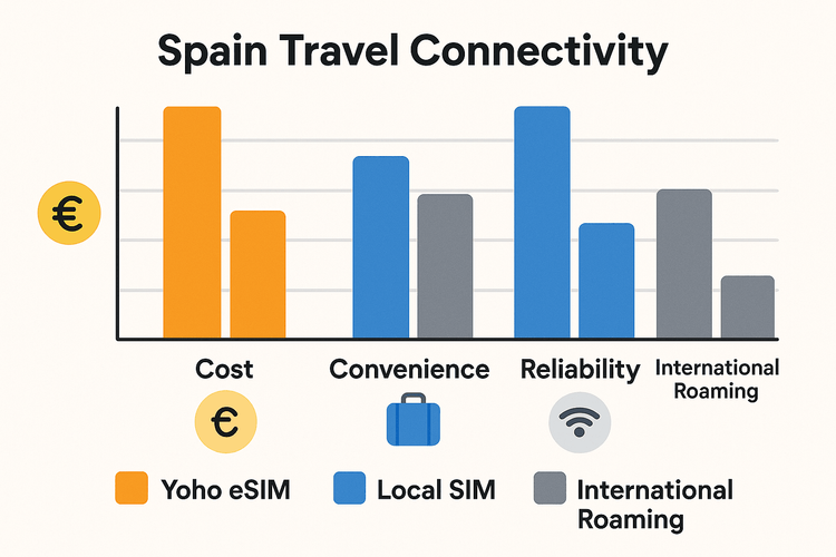 Infographic comparing Yoho Mobile eSIM with Local SIM and International Roaming for travel in Spain based on cost, convenience, and reliability.
