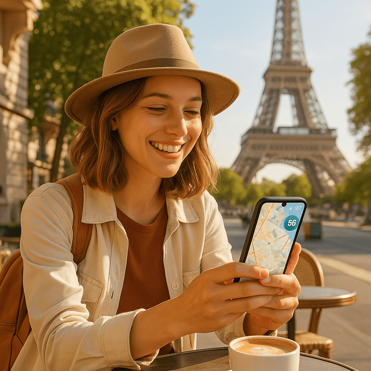A happy traveler using her phone seamlessly with a Yoho Mobile eSIM at a cafe in Paris.