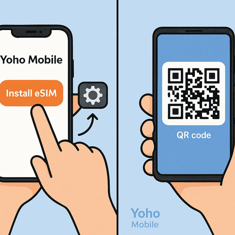 A visual guide showing the easy one-click eSIM installation for iOS and QR code scan for Android with Yoho Mobile.