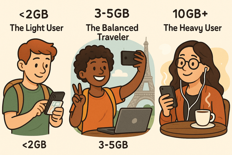 Illustrations of three traveler profiles—Light, Balanced, and Heavy User—with their typical data needs for a trip.