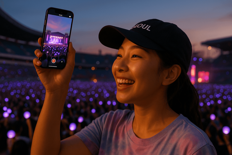 A K-Pop fan enjoying a concert in Seoul, connected with a reliable mobile signal on her smartphone.