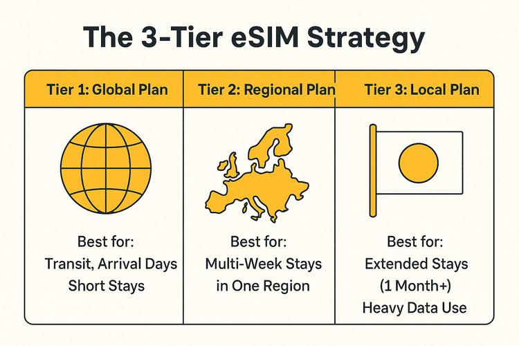 Diagram explaining the 3-tiered eSIM strategy for long-term travel, showing when to use global, regional, and local plans.