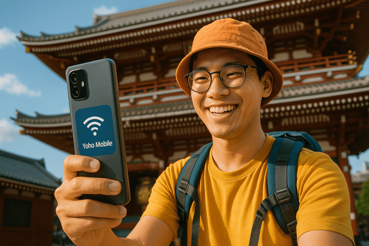A traveler using a Yoho Mobile eSIM on their Xiaomi phone to stay connected while visiting Senso-ji Temple in Tokyo.