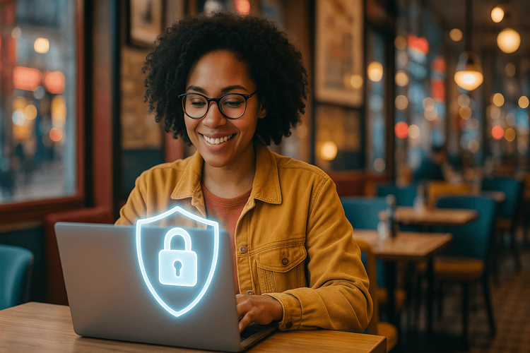 A traveler using a laptop with a VPN for secure internet access in a cafe abroad.