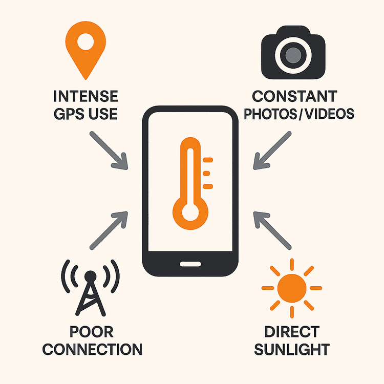 Infographic showing the four main causes of a phone overheating on vacation: GPS use, camera, poor signal, and direct sunlight.
