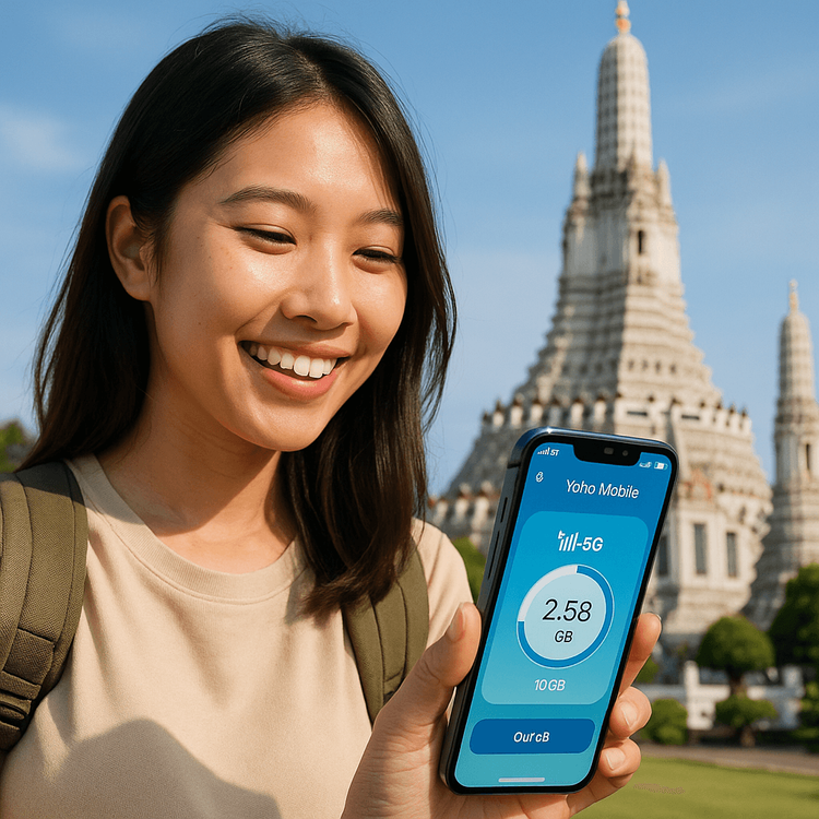 A traveler enjoying seamless connectivity in Bangkok with a Yoho Mobile eSIM.