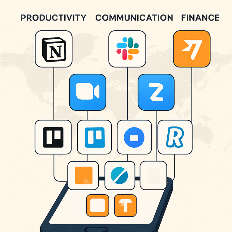 Infographic showing essential productivity, communication, and finance apps for a digital nomad's toolkit.