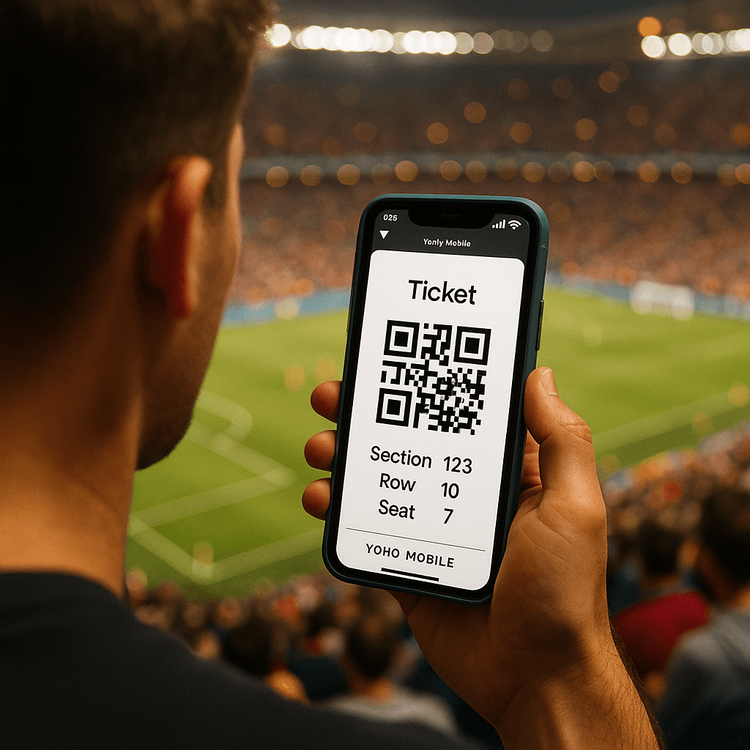 A fan using their smartphone with a Yoho Mobile eSIM to display a digital ticket at a packed sporting event.
