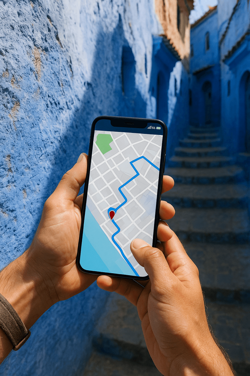 A traveler navigating the blue streets of Morocco using a map on their smartphone with a strong data connection from a Yoho Mobile eSIM.