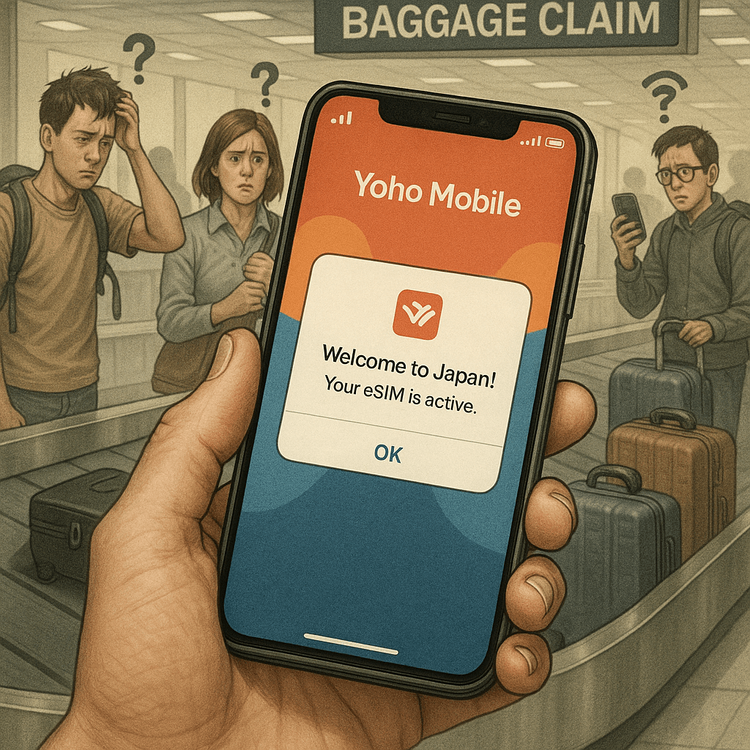 A traveler with instant mobile data from a Yoho Mobile eSIM after landing at the airport.