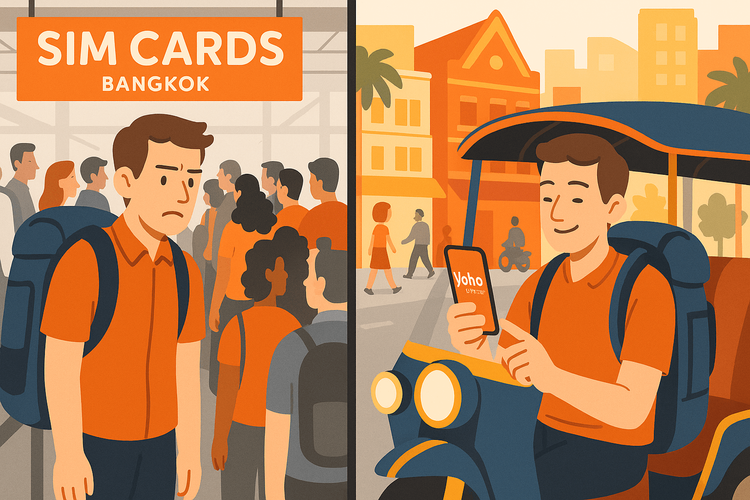 Illustration comparing the hassle of queuing for a local SIM card versus the ease of activating a travel eSIM.
