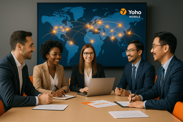 A professional business team in a meeting room, illustrating Yoho Mobile's global connectivity solution for corporate clients.