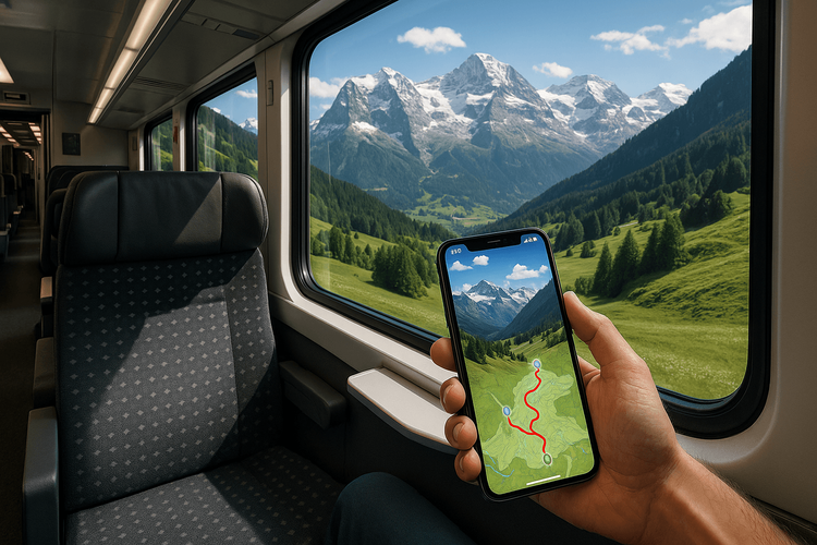 A traveler using a smartphone with a map for navigation while on a scenic train journey through the Swiss Alps, demonstrating seamless connectivity.