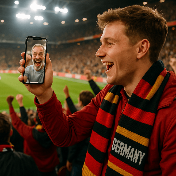 A football fan in a German stadium using a Yoho Mobile eSIM to video call family and celebrate a goal.