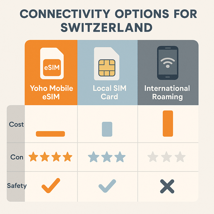 Infographic comparing Yoho Mobile eSIM, Local SIM, and International Roaming for travel in Switzerland based on cost, convenience, and safety.