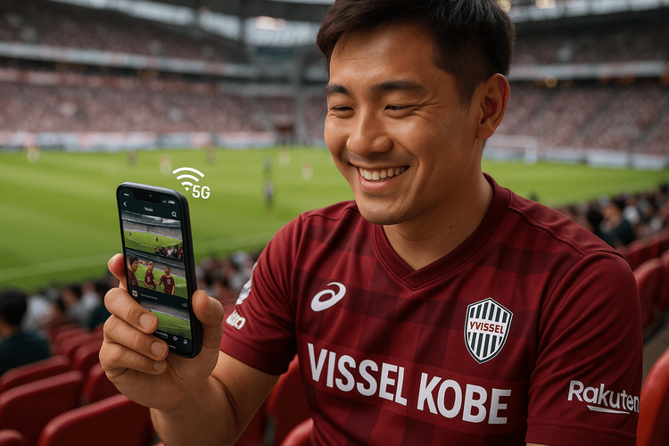 A football fan using a Yoho Mobile eSIM to share their experience online at a Vissel Kobe match.