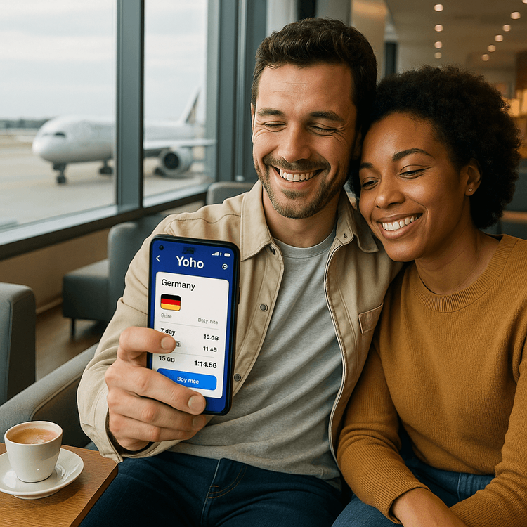 A traveler easily activating a Yoho Mobile eSIM for Germany in a comfortable airport lounge before his flight.