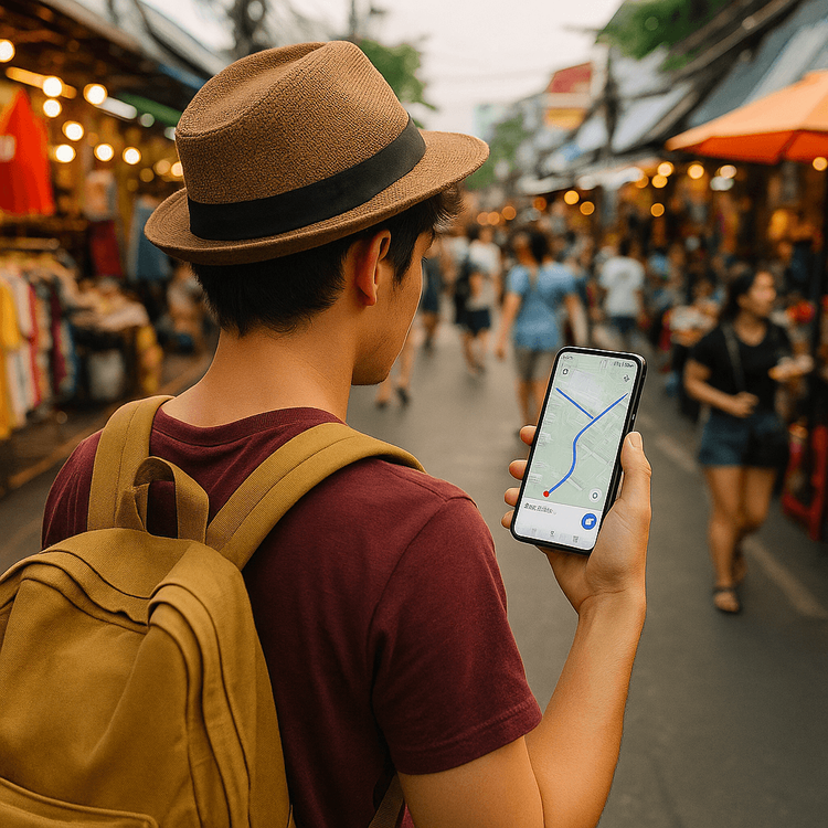A traveler easily navigating a busy Bangkok market using a reliable eSIM data plan on their smartphone.