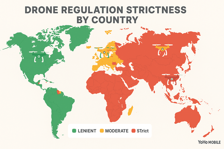 A world map infographic showing the different levels of drone law strictness by country for 2025.