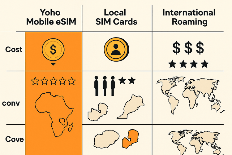 A comparison chart showing Yoho Mobile's eSIM is more cost-effective and convenient than local SIMs or international roaming for travel in Zambia and Morocco.