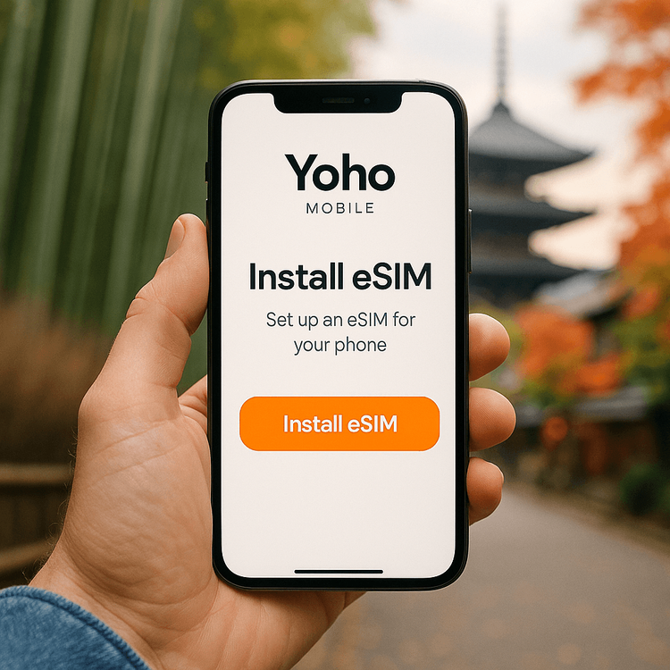 A person easily installing a Yoho Mobile Japan eSIM on their smartphone with a single tap, with a beautiful Japanese bamboo forest in the background.