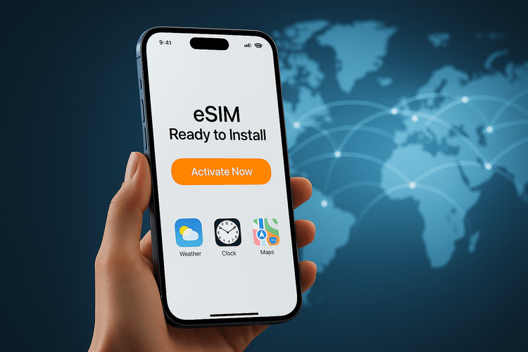 A futuristic view of a person activating an eSIM on an iPhone with a predicted iOS 26 interface, symbolizing the future of travel connectivity.