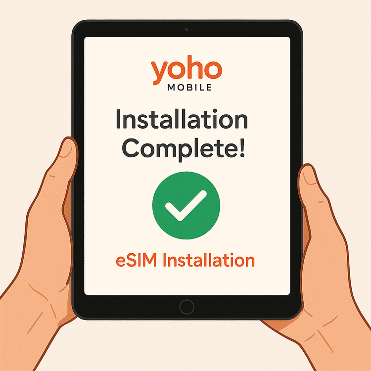 Illustration of the easy installation process for a Yoho Mobile eSIM on an iPad, showing the 'Installation Complete' screen.