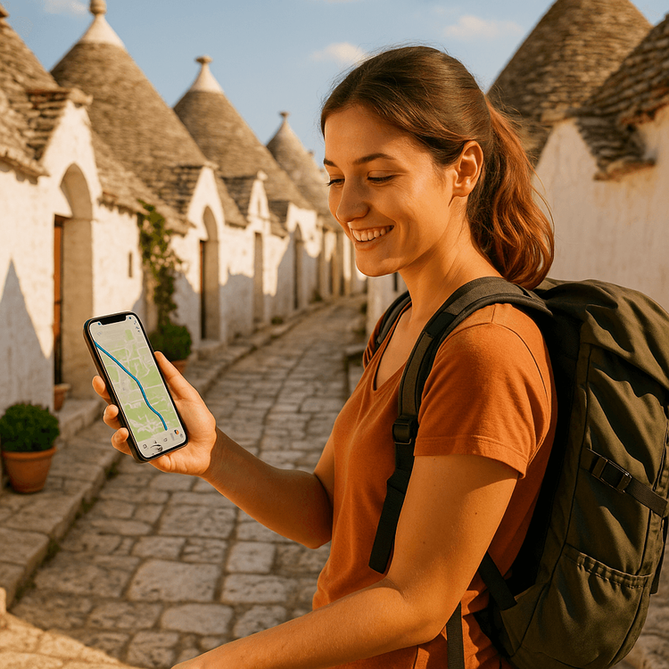 A traveler using her smartphone with a Yoho Mobile eSIM to navigate the streets of Alberobello, Puglia.