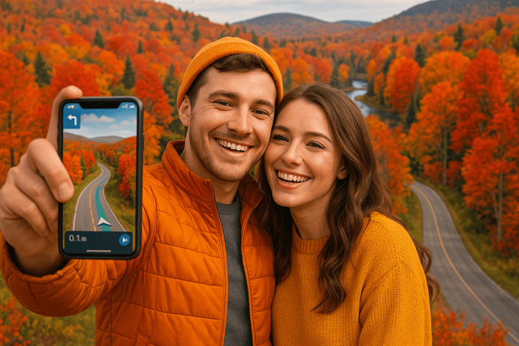 A couple enjoying their New England fall foliage trip with reliable navigation thanks to their USA eSIM.