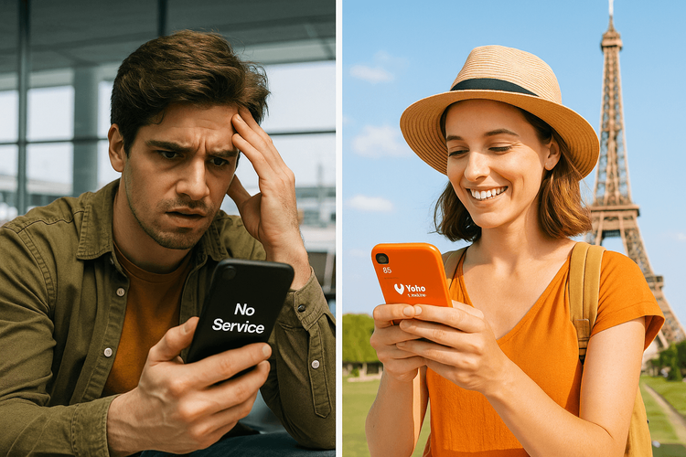 A happy traveler using their phone with an eSIM, contrasted with a frustrated traveler facing connectivity issues.