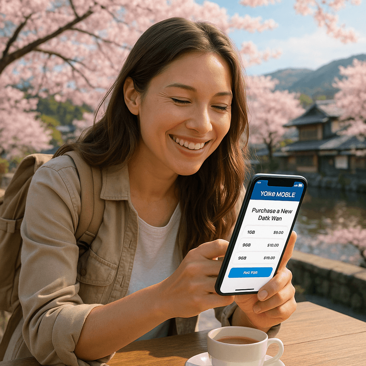 A traveler easily buys a new Yoho Mobile eSIM plan on her phone while enjoying her trip in Japan.