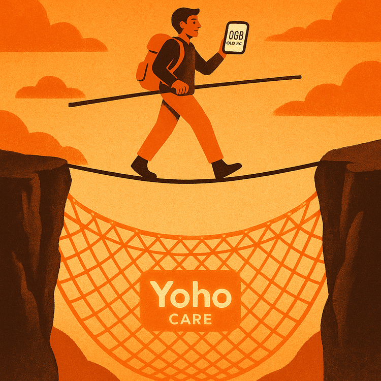 An illustration of the Yoho Care safety net, ensuring travelers stay connected even when they run out of data.