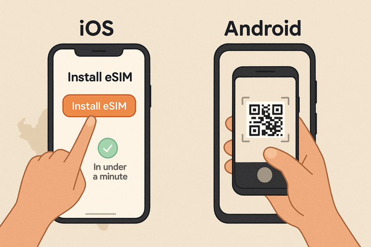 Step-by-step illustration of Yoho Mobile eSIM installation on iOS and Android devices for travel in Peru.