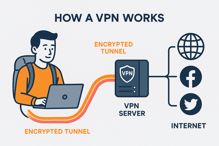 A diagram explaining how a VPN creates an encrypted tunnel to secure a traveler's internet connection.