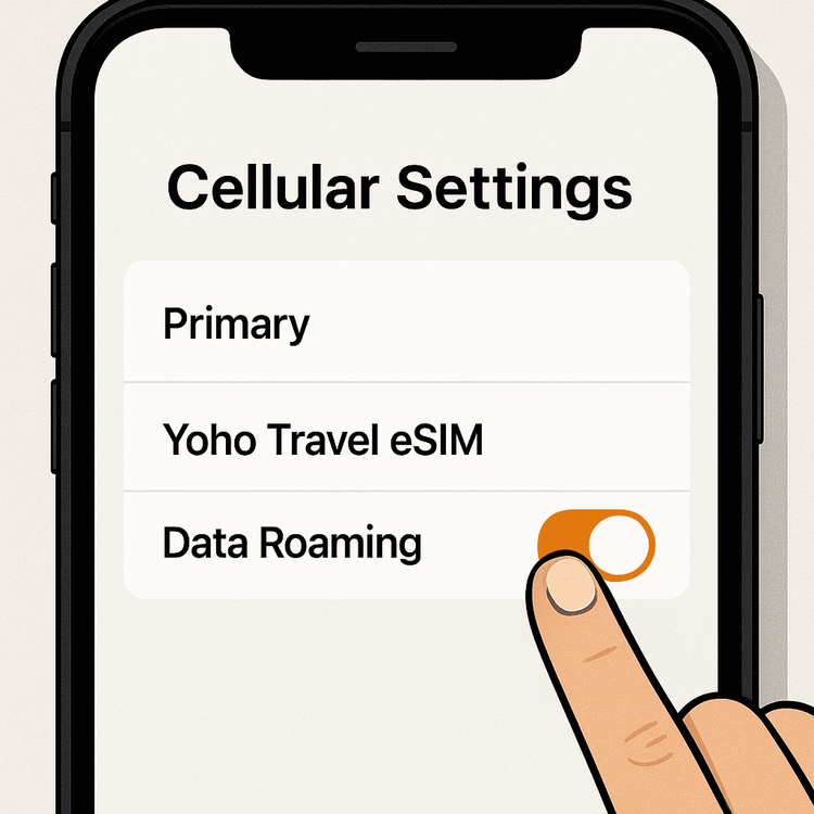 A visual guide showing how to enable data roaming on a smartphone for a travel eSIM in the cellular settings menu.