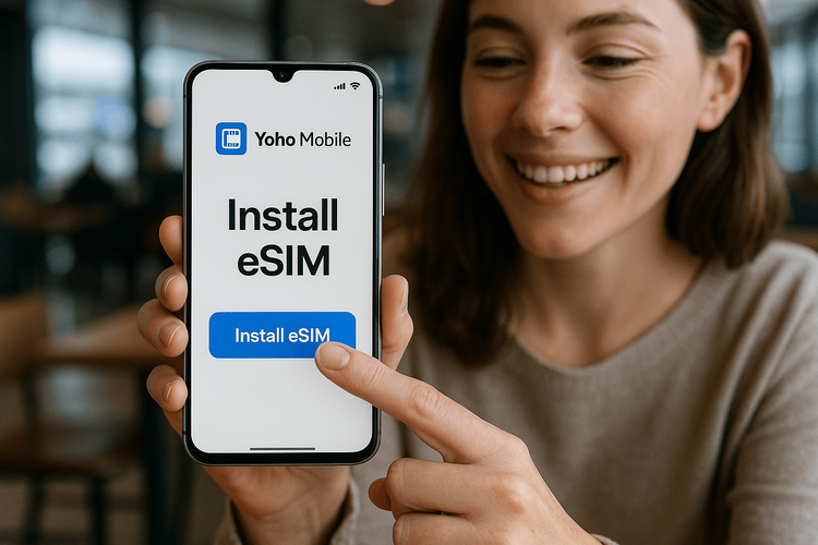 A user easily installing a Yoho Mobile eSIM on their iPhone with a single tap of a button.