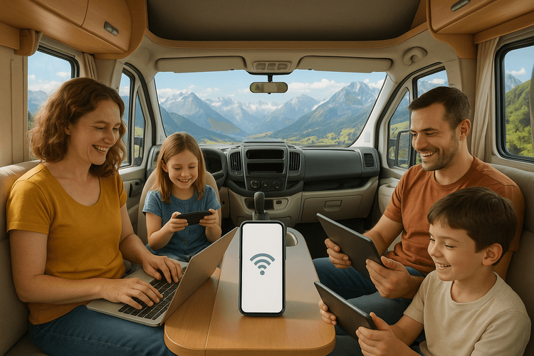 Srečna družina med potovanjem uporablja več naprav, povezanih na eno samo dostopno točko Yoho Mobile eSIM v svojem vozilu.
