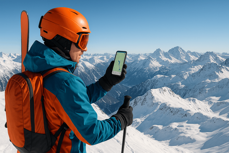 A skier at a sunny European ski resort peak checking their phone for navigation, demonstrating good connectivity on the slopes.