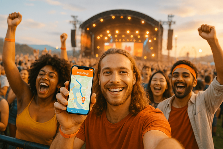 Excited fans at an international music festival using a smartphone for navigation, highlighting the joy of event travel.