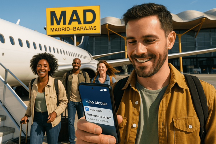 Travelers arriving in Spain and instantly connecting to the internet with their Yoho Mobile eSIM, looking relieved and happy.
