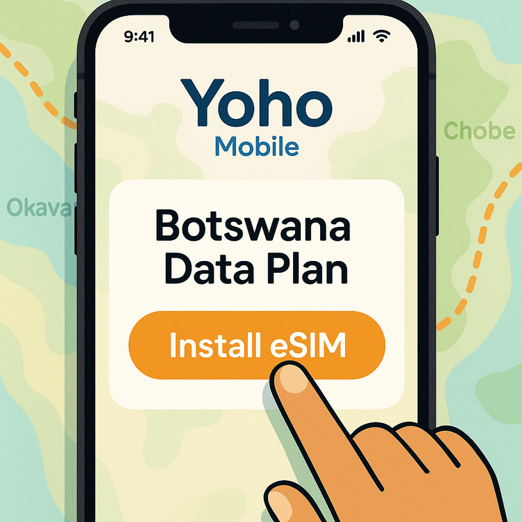 Illustration of the simple one-tap process to install a Yoho Mobile eSIM for Botswana on an iPhone, without needing a QR code.