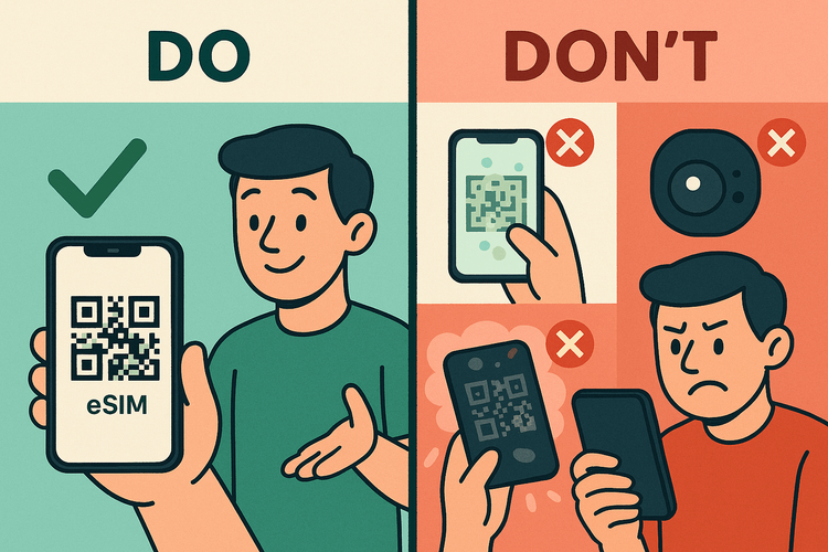 An infographic showing the correct and incorrect ways to scan a QR code with a smartphone.