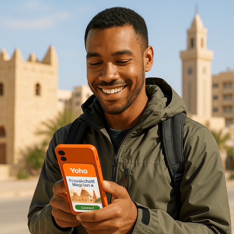 A traveler using a Yoho Mobile eSIM on their smartphone in Nouakchott, Mauritania.