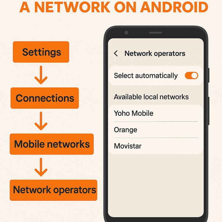 Infographic showing how to manually choose a mobile network operator on an Android phone for an eSIM.