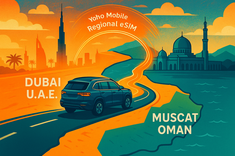 Map illustrating seamless connectivity with a Yoho Mobile regional eSIM on a road trip from UAE to Oman.