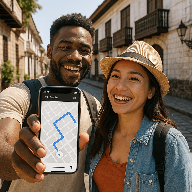 A tourist using a smartphone with Yoho Mobile eSIM for navigation in the streets of Intramuros, Manila.