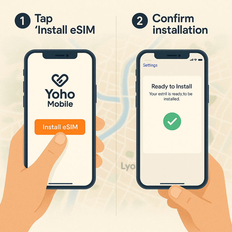 A two-step guide showing the simple process of installing a Yoho Mobile eSIM on an iPhone by tapping a button in the app.