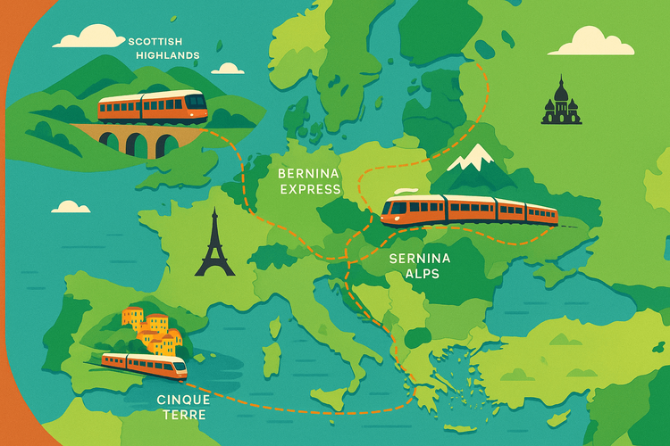 An illustrative map of Europe showing popular scenic train routes like the Bernina Express and Cinque Terre coastal line.